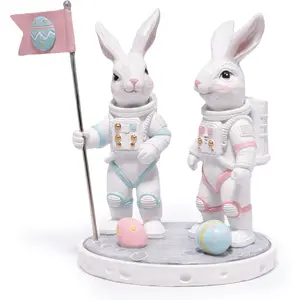 Astronaut Bunny Figurines, Artemis II Lunar  Inspired Space Decor,  Moon  Statues with Flag & Eggs, Cute Astronaut Gifts for Space Lovers, Office &  Desk Decor