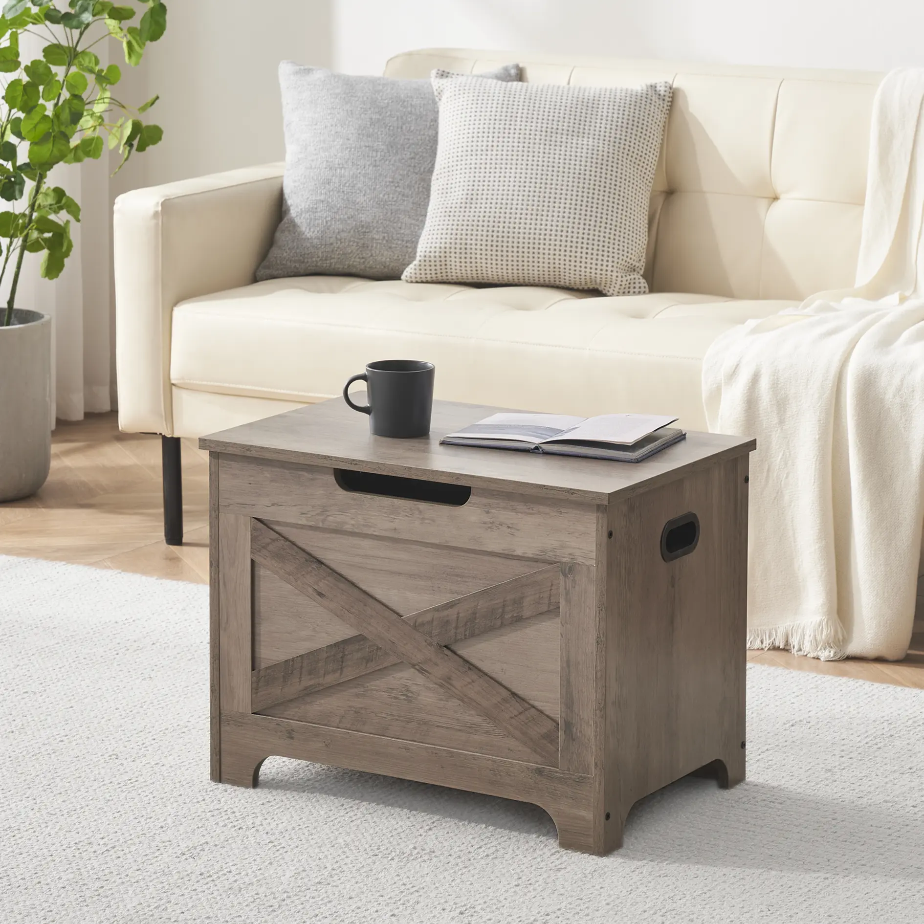 Farmhouse Wooden Lift-Top Shoe Storage Bench - Freestanding Grey Indoor Furniture with Safety Hinges, Seat Cushion, Spacious Large-Capacity Organizer for Entryway, Bedroom