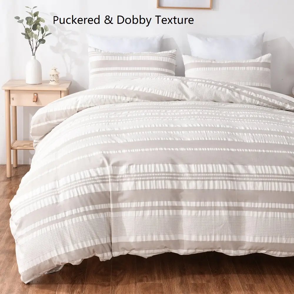 100% Cotton Puckered Duvet Cover 3pcs Set, Hidden Button Closure, Inner Corner Ties, Machine Washable, All Season Comfortable Bedding