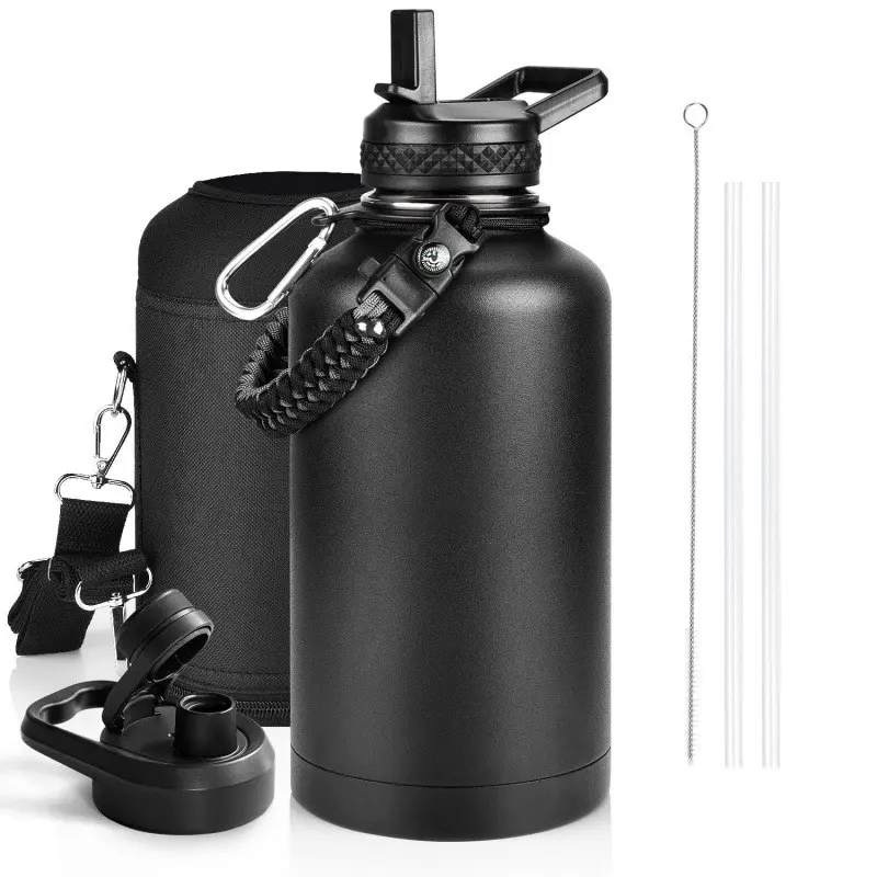 64OZ Insulated Sports Water Bottle - Large Half Gallon Stainless Steel Flask Water Bottles 64 oz, Leak Proof, Double Walled, BPA Free, Sweat-Proof Water Jug with Straw, Keep Cold-48H & Hot-24H