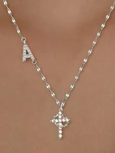 Silver Tone Copper Initial Necklace for Women, A-Z Letter Pendant with Cubic Zirconia Crown Cross Charm, Dainty Gift Jewelry