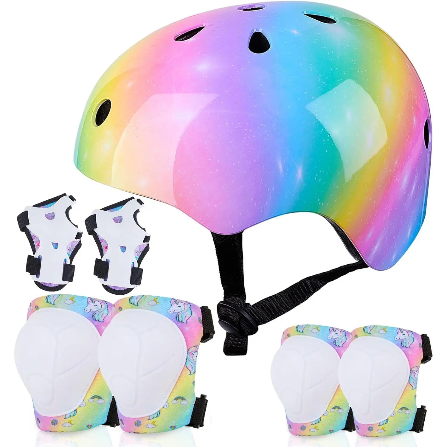 Kids Helmet Knee Pads for Kids Unicorn Knee and Elbow Pads Wrist Guards Adjustable Protective Gear Set for Girls Boys Sports Skateboard Inline Skating Scooter