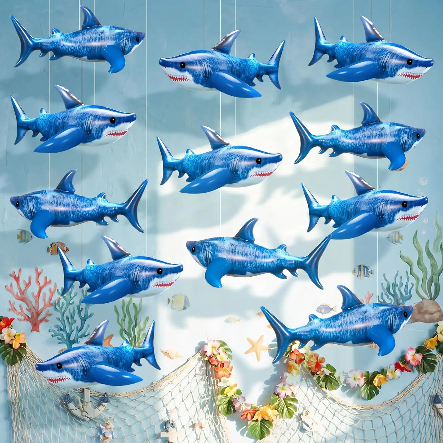 12 Pcs 15 Inch Inflatable Shark Party Decorations Summer Shark Inflatables Outdoor Decor Large PVC Ocean Animals Blow up Hanging Ornaments for Beach Under The Sea Party Supplies Giftfidget toys
