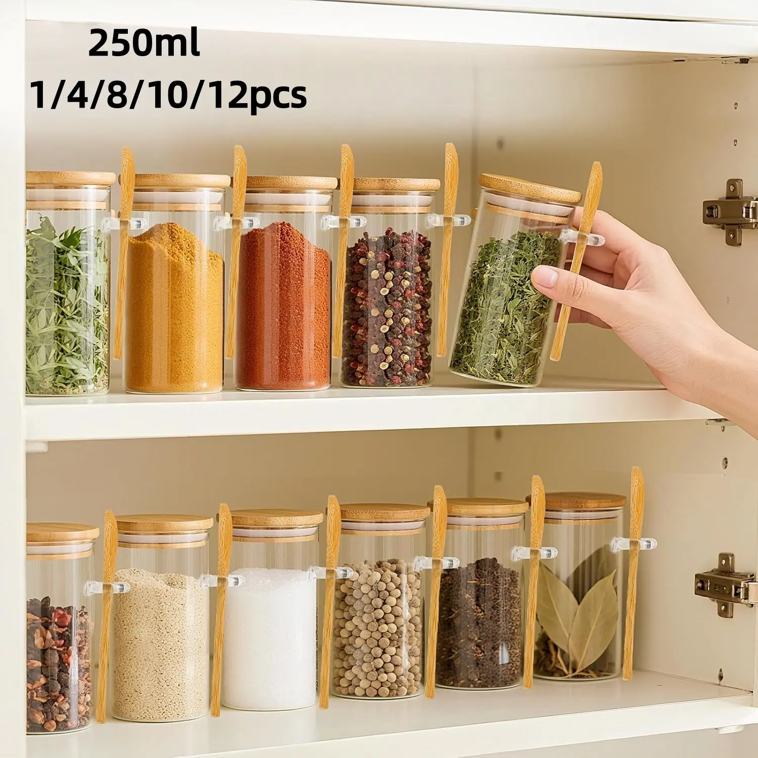 1/4/8/10/12pcs 250ML Glass Spice Jars with Bamboo Lid & Spoon, Sealed Jar Set, Airtight Seasoning Storage, Clear Kitchen Canisters for Spices, Herbs, Sugar, Tea, Coffee, Flour, Food Storage Set