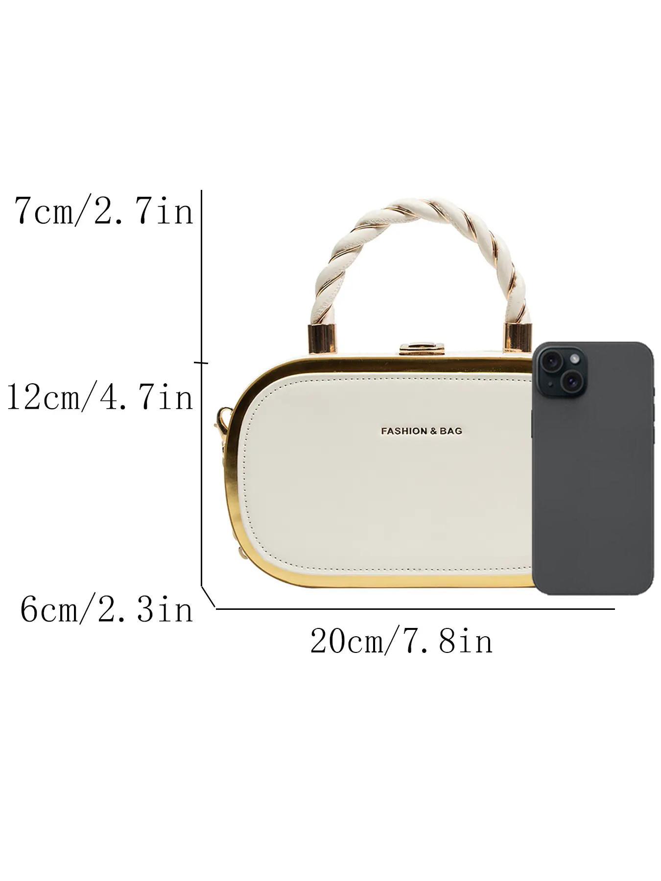 Women's Fashion Buckle Twisted Top Handle Chain Strap Crossbody Bag, Minimalist Letter Detail Metallic Trim Versatile Box Bag, Casual Shoulder Bag, Casual Crossbody Bags