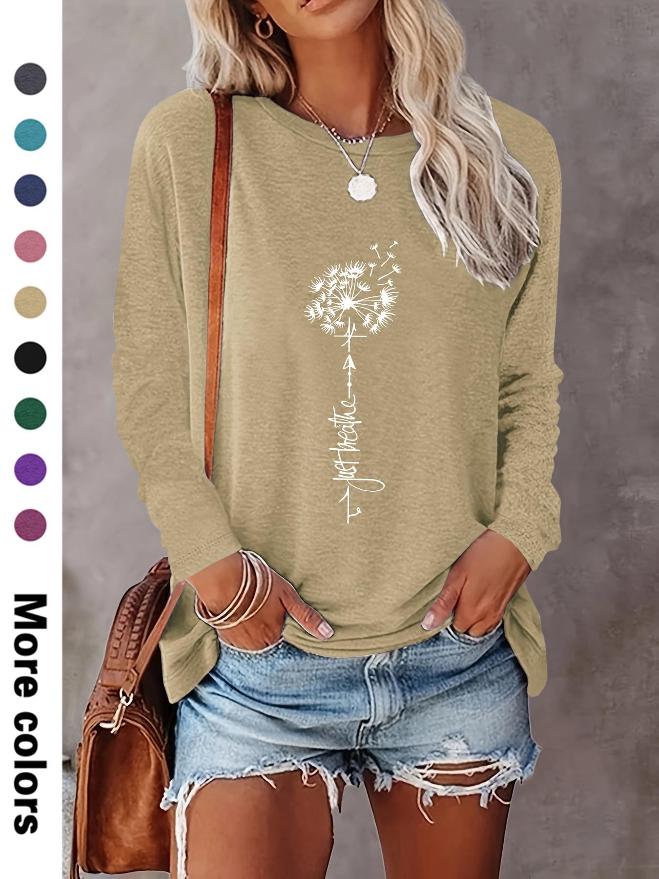 Women's Floral & Letter Print Crew Neck Tee, Fashion Casual Fitted Long Sleeve T-shirt for Daily Outdoor Wear, Ladies Clothes for Spring & Fall