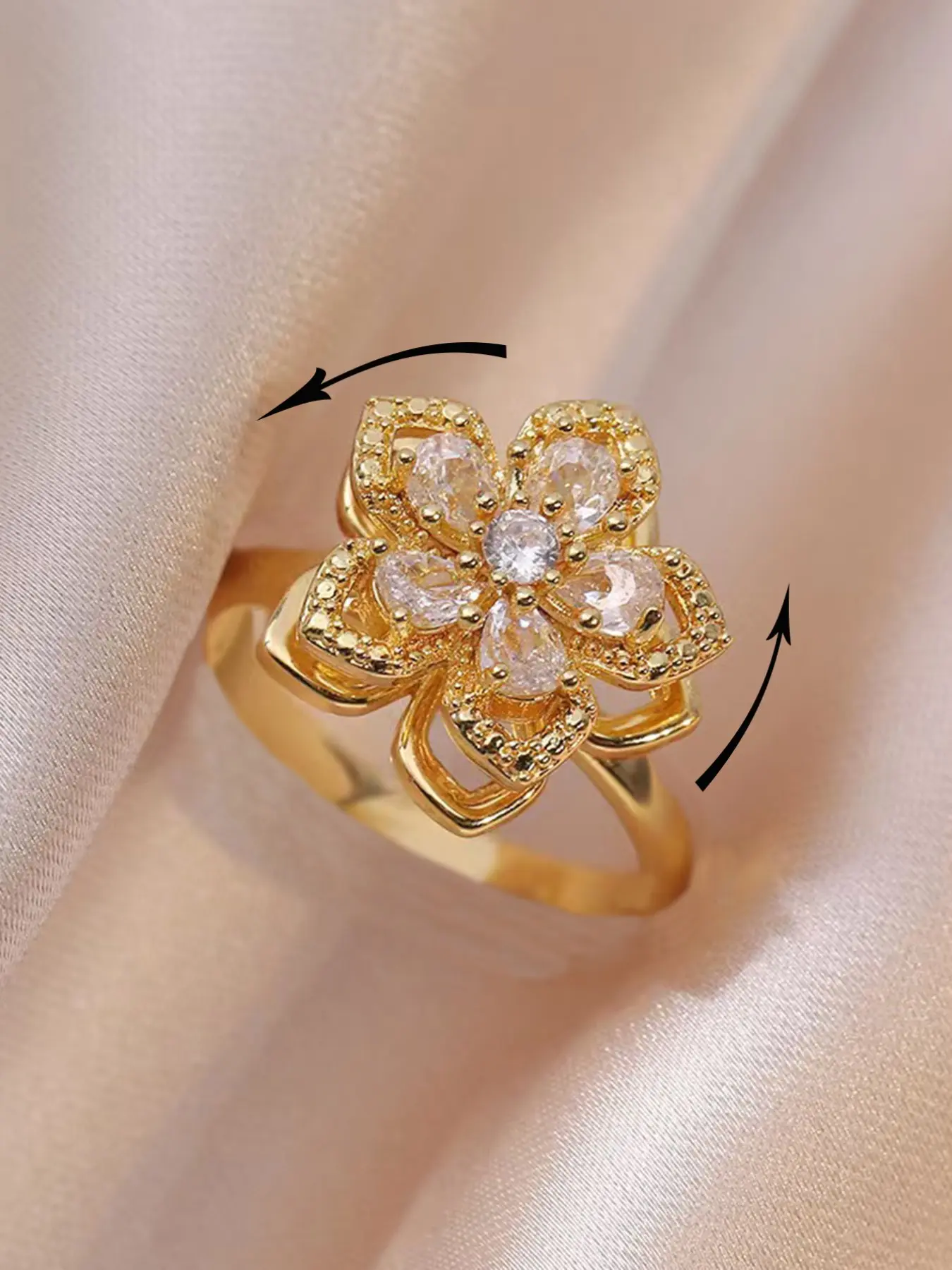 Women's Fashion Open Artificial Gemstone Ring with Copper Zirconia Flower Design, Rotatable Stress Relief Creative Luxury Jewelry for Women Statement Ring, Beautiful Rings, Zircon Embellished Rings
