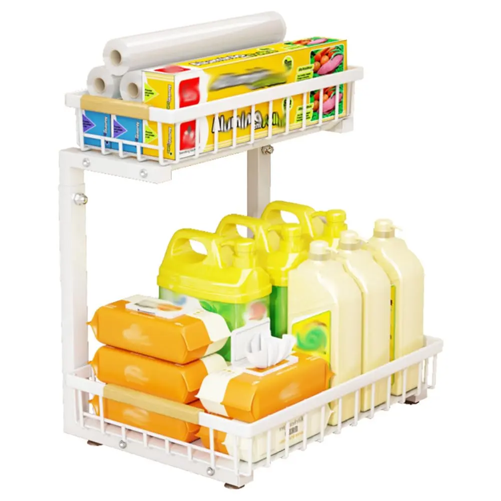 Heavy Duty Carbon Steel 2-Tier Pull-Out Under Basin Organizer - Adjustable L-Shaped Sliding Storage Rack, Height-Adjust Self-Assembled Slide-Out Shelf for Kitchen Cabinets, Bathroom Countertops - Home Storage Solution