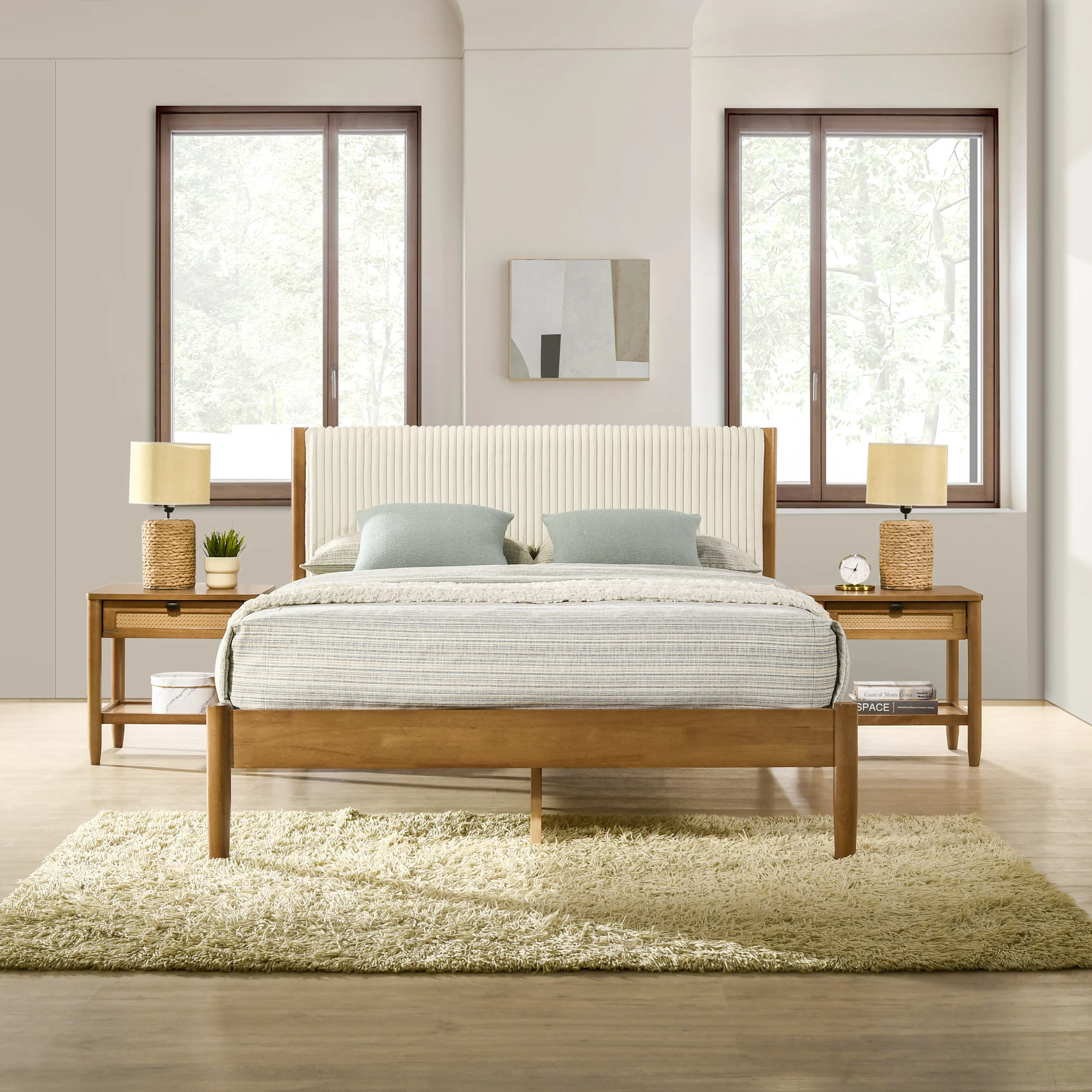 Nokaa 3-Piece Queen Bedroom Set with Platform Bed and Two Nightstands, Rubberwood Frame, Corduroy Upholstered Headboard, Low Profile, No Box Spring Needed, Walnut Finish, Contemporary Style