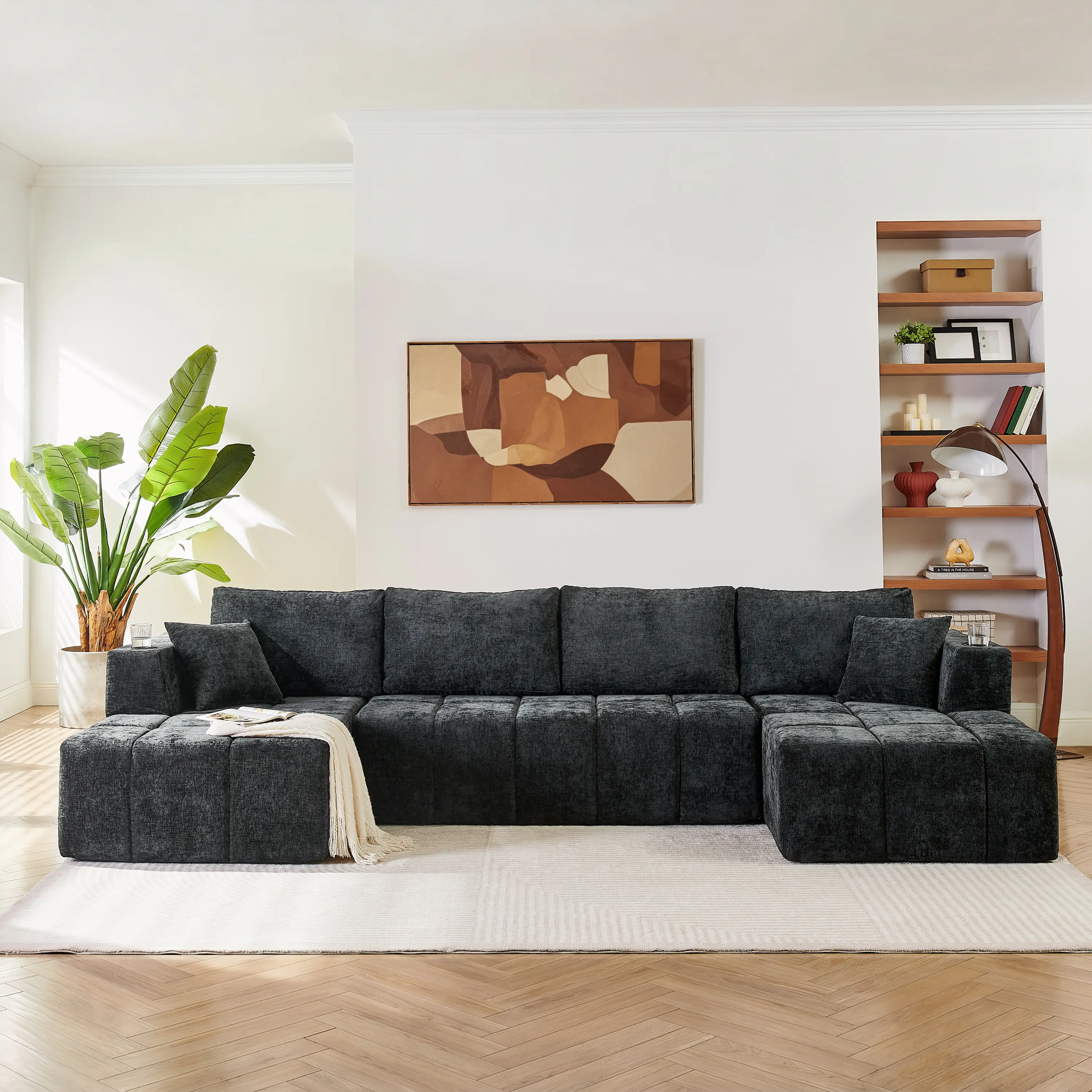 Nokaa 132" U-Shaped Chenille Sectional Sofa, Cloud Style Modular Couch with Dual Chaise Lounges, Cup Holders & Side Pockets, 6-Seat Compression Sofa for Living Room, No Assembly Required, Black