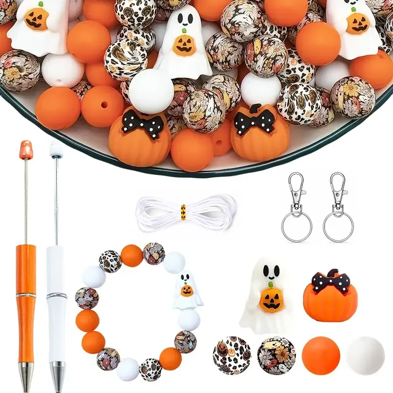37pcs Halloween Ghost Pumpkin DIY Craft Set, 32pcs Silicone Beads, 2 Beadable Pen Blanks, 2 Clasps, 1 Cord for DIY Crafts, Beading Supplies