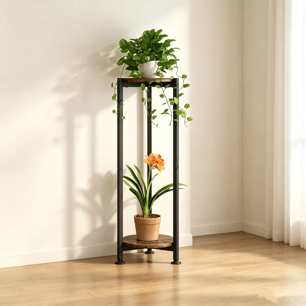 Plant Stand Indoor Corner Tall 2 Tier Metal Modern Flower Storage Plant Shelf Holder for Living Room Balcony Garden