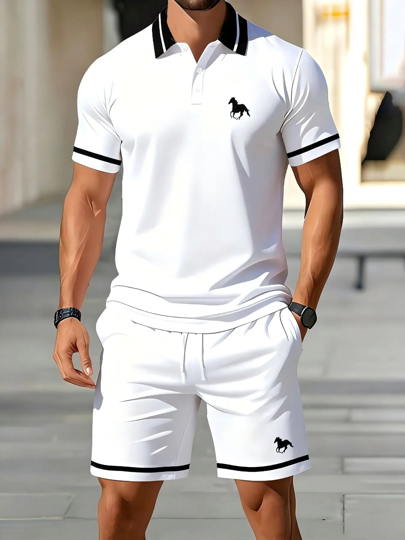 Men's Graphic Polo Shirt and Shorts Set Clothes, Summer Casual Sports Two-Piece Outfit for Daily Wear & Vacation, Comfortable and Stylish