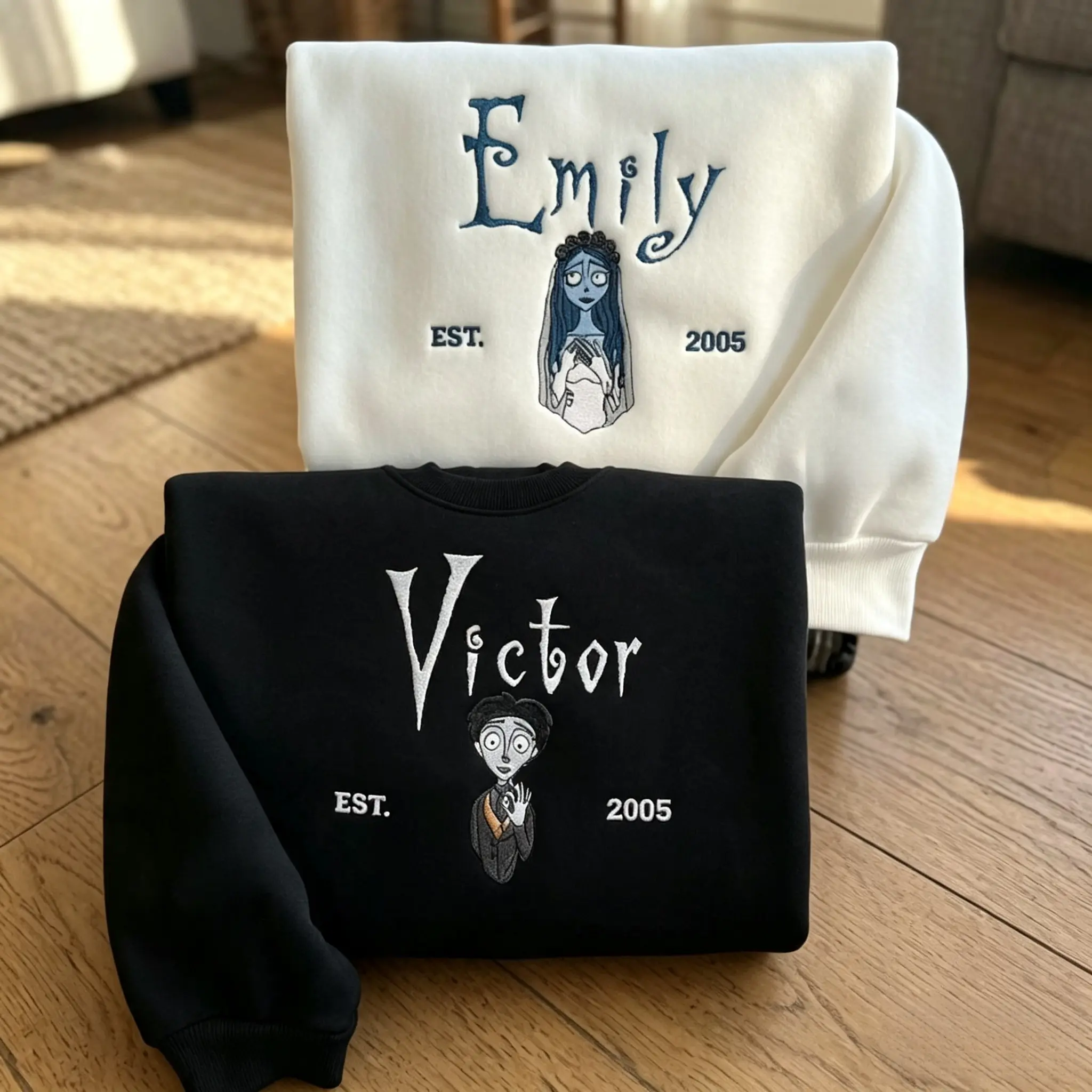 Embroidered Corpse Bride Sweatshirt, Victor and Emily Shirt, Gothic Halloween Hoodie, Halloween Matching Couple Tee, Spooky Halloween Gift