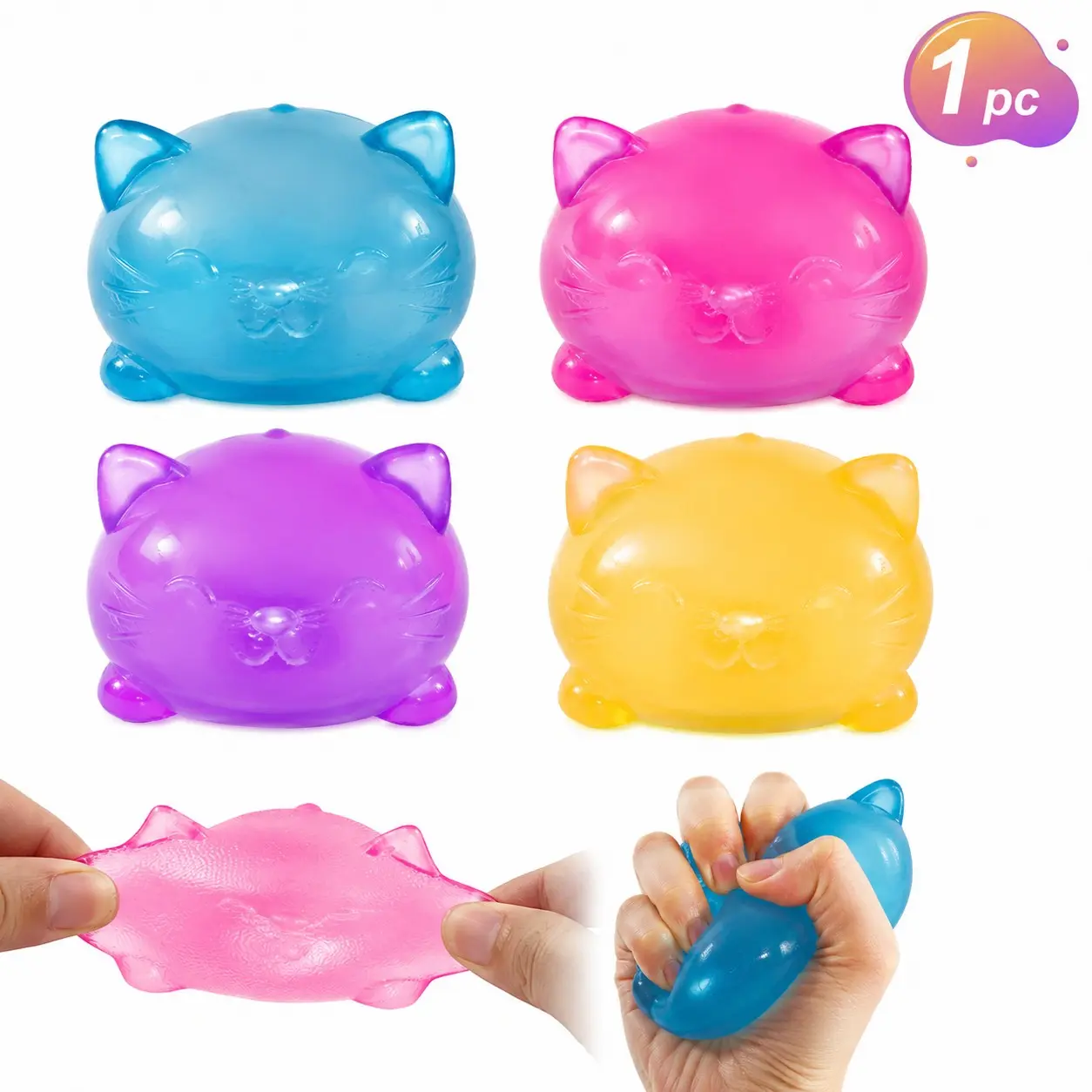 1 pc Cat Squishy Stress Relief Toy, Soft Maltose Filled TPR Squeeze Kitty, Cute Jelly Sensory Fidget Toy for Anxiety Relief, Focus and Relaxation, Washable Desk Squeeze Toy for Teens, Adults, Students and Office Workers, Kawaii Soft Squeeze, more Colors
