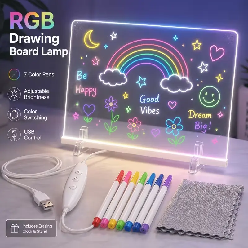 RGB Electronic Whiteboard Lamp with 7-Color Marker System & USB- Operation - Suitable for Office, 7-Level Adjustable Brightness, Desktop Board with Marker Holders, USB- Display for Drawing Board, Drawing Tools, Night Light, Gifts