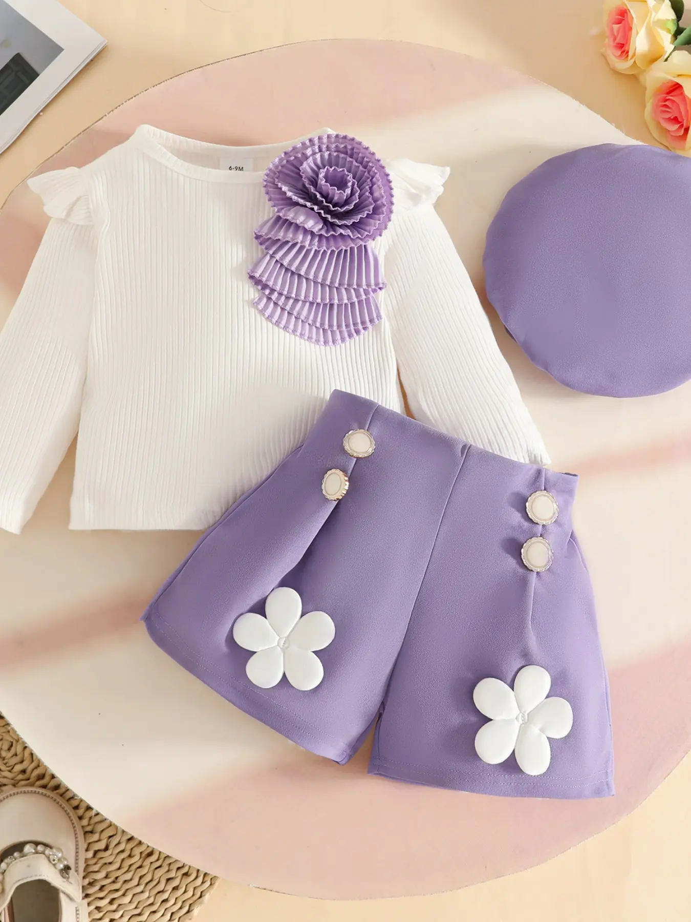 Sweet Floral Long Sleeve Top + Decorative Button Shorts Outfit Set for Girls 0-3 Years, Casual Slim-Fit, Perfect for Outdoor, Parties, Gatherings