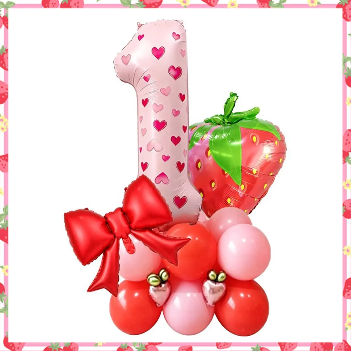 Number Strawberry Balloon Set with Heart Stickers, Party Balloons, Perfect for Strawberry Theme Birthday Parties and Anniversary Decorations