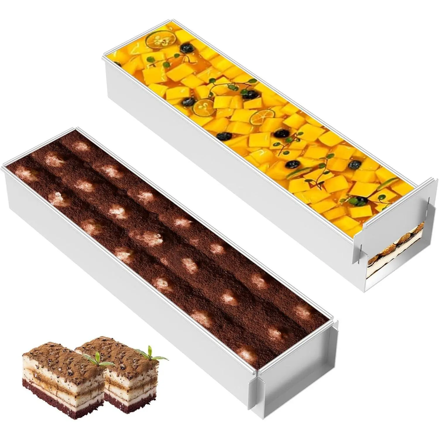2-Pack Rectangle Tiramisu Cake Mold, Nonstick Multi-Use Pan with Removable Frame, 16.4*3.9*2.3in for Dessert Baking, Cheesecake, Cold Desserts