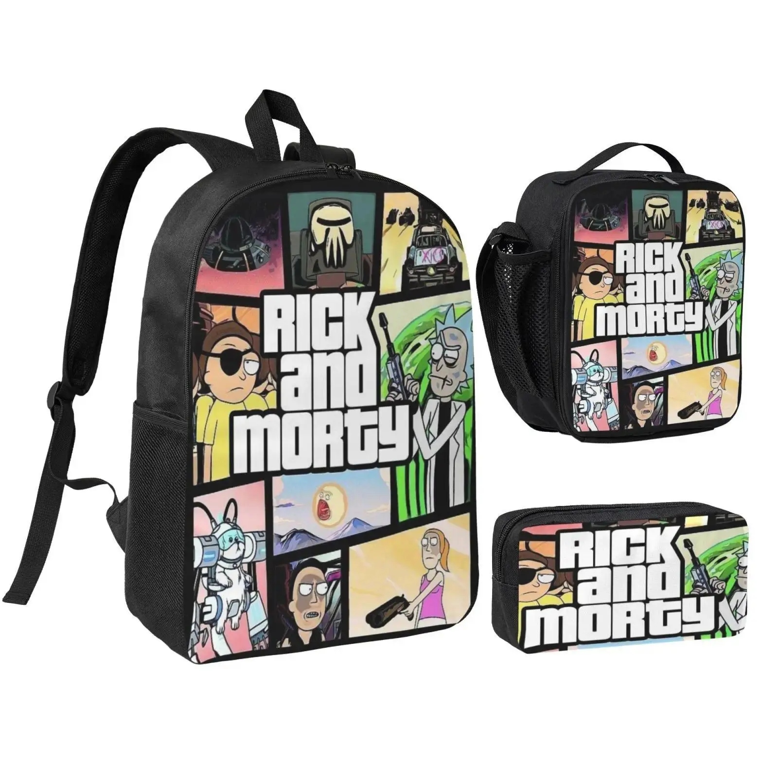 Rick and Morty Polyester Casual 3-Piece Backpack Set - 17in (12.2"x17.3"x5.5") Zippered Daypack with Adjustable Straps, 8.3"x4"x2" Insulated Lunch Pack, Stylish Graphic Print, Lightweight for Adults' School/Hiking Use, Back to School Gifts & Haul