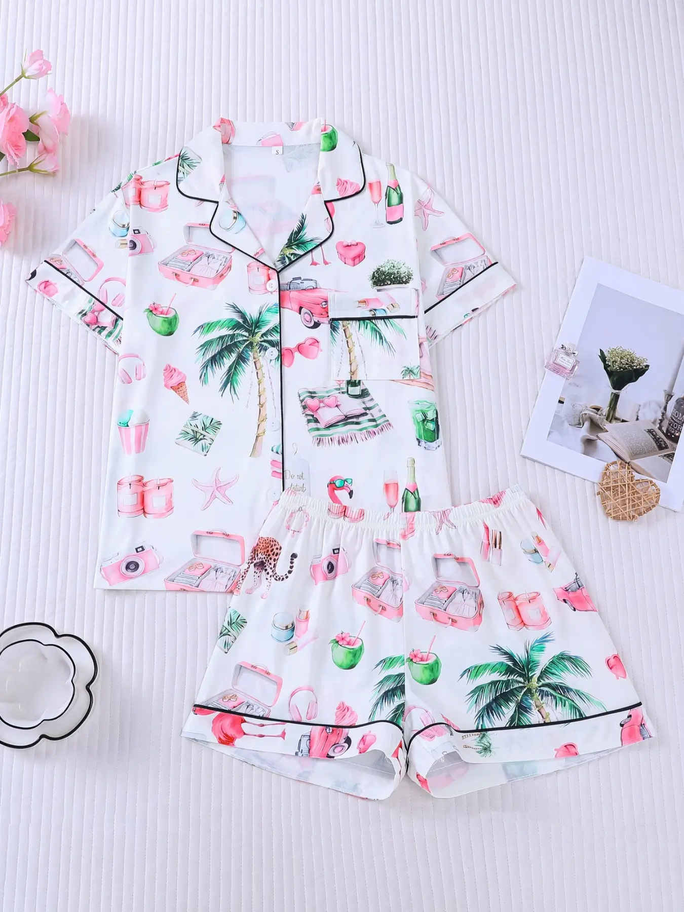 Women's 2-piece pajama set with summer vacation, Tropical print featuring palm trees, flamingos and cameras Cute girly style black contrast piping Lapel top with pocket soft elastic waist shorts all-season casual women loungewear Pyjamas