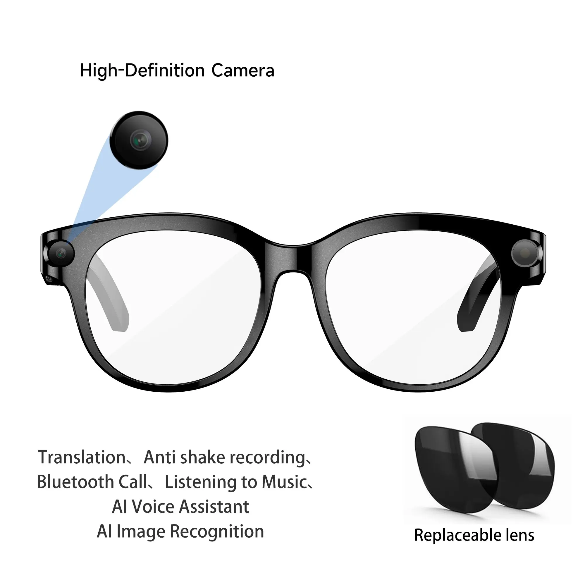 Ai Smart Wearable Tech Glasses with HD Camera, Ai Photo Recognition, Video Recording, 290mah Battery, Unisex Fashion, Decorative Lens, PC Frame
