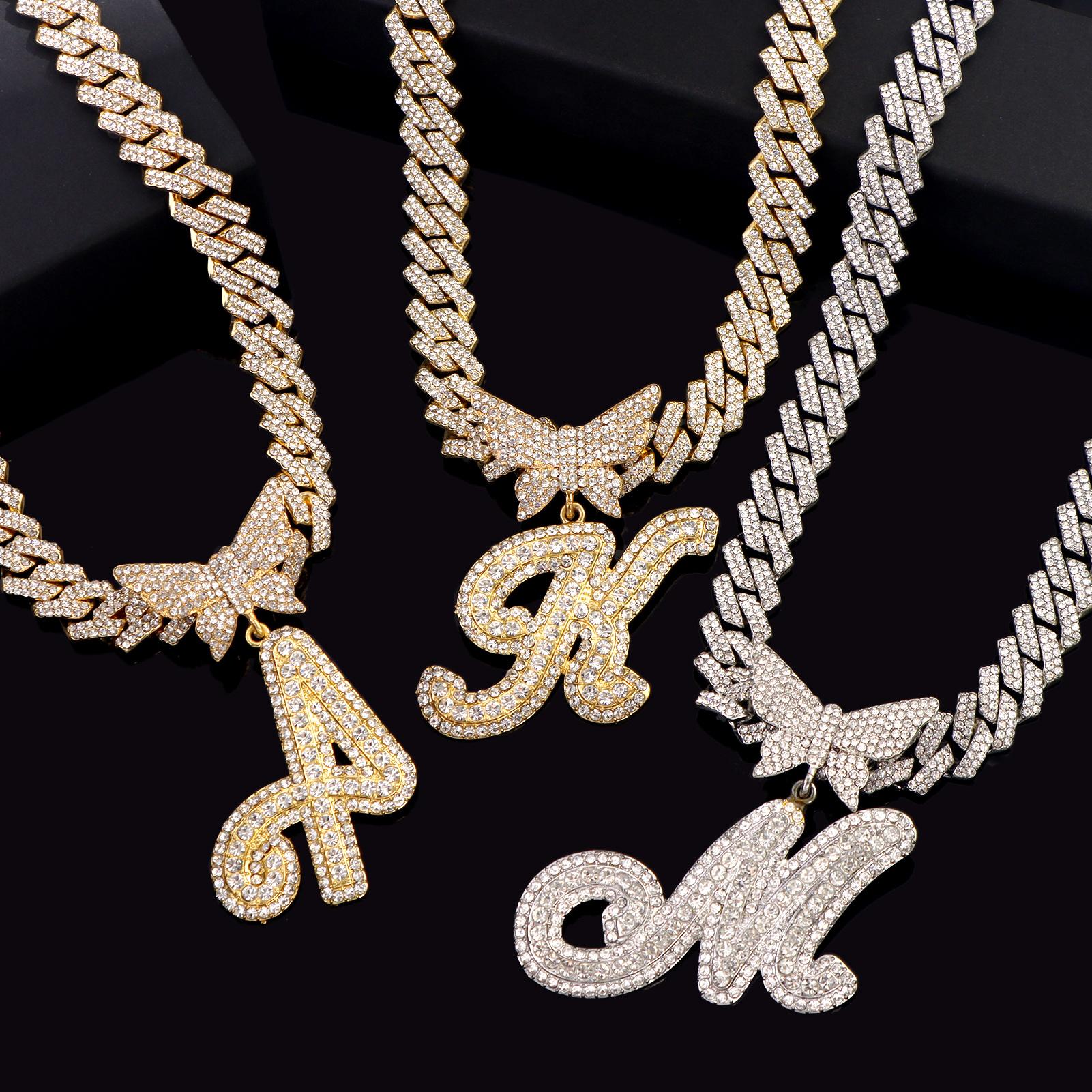 Iced Out Bling Butterfly Letter Pendant Necklace For Women AAA Rhinestone Paved Prong Cuban Chain Initial Necklaces Punk Jewelry