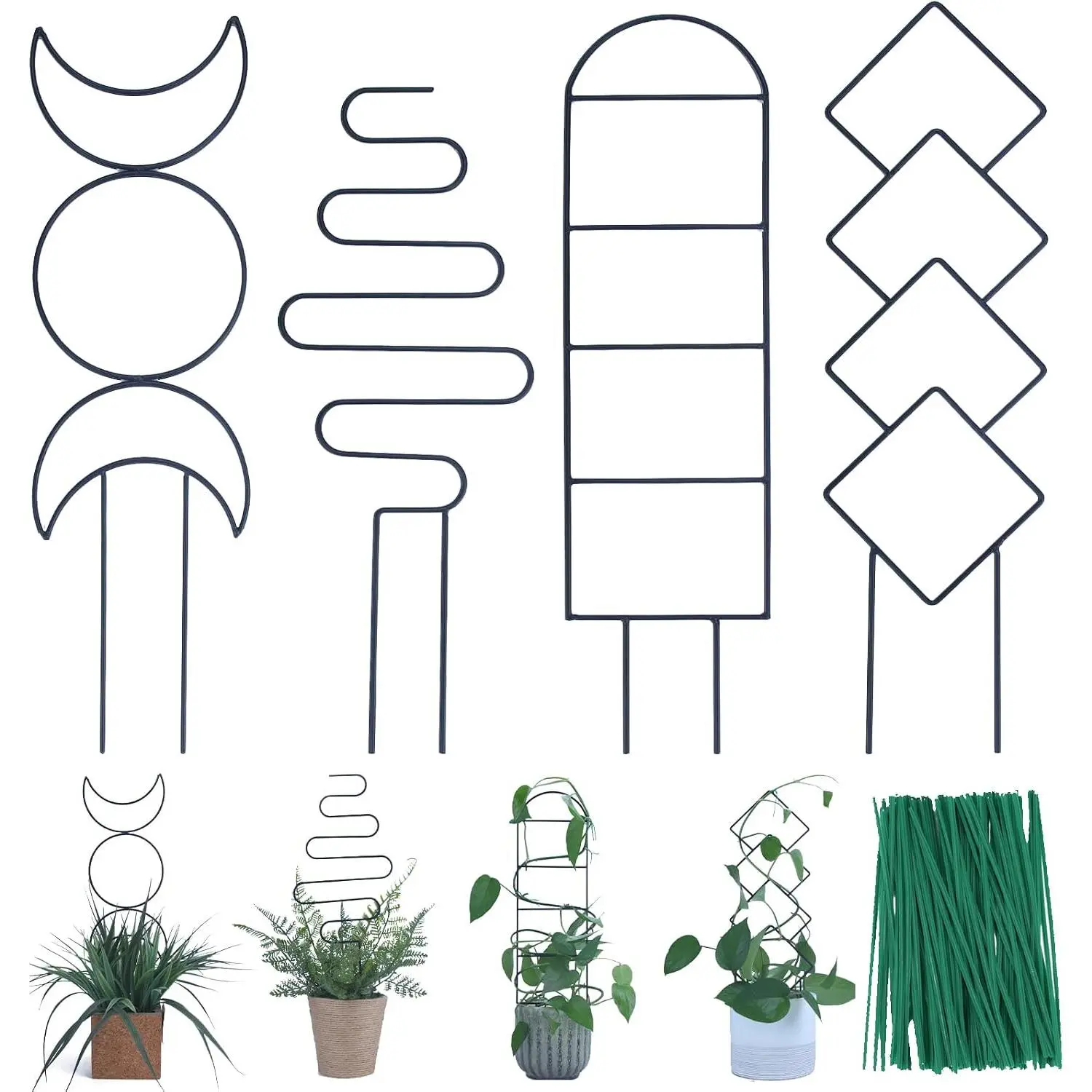 4PK 16in Black Rustproof Metal Trellises, Small Indoor-Outdoor Climb Support for Potted Vine Ivy Flowers with Different Patterns, Set Pack for Garden Plant Care & Support, Both Indoors/Outdoors