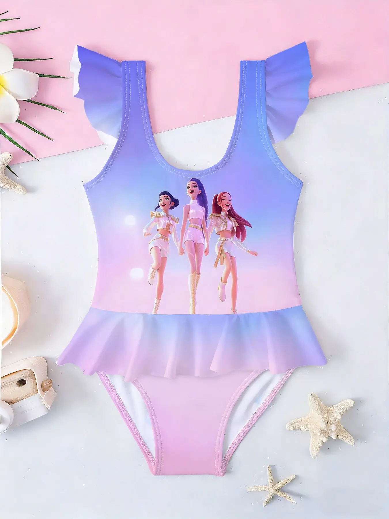 Girls' Korean Style One-Piece Swimsuit, Blue Gradient Starry Dress, Cartoon Print Ruffle Sleeveless Swimwear, Summer Beach