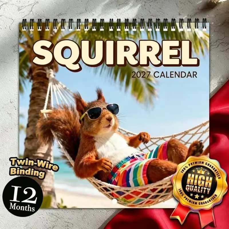 2027 Fun Squirrel 12-Month Spiral Calendar, Humorous Anthropomorphic Squirrel Wall Desk Calendar, Home Office Decor, Animal Lover Gift