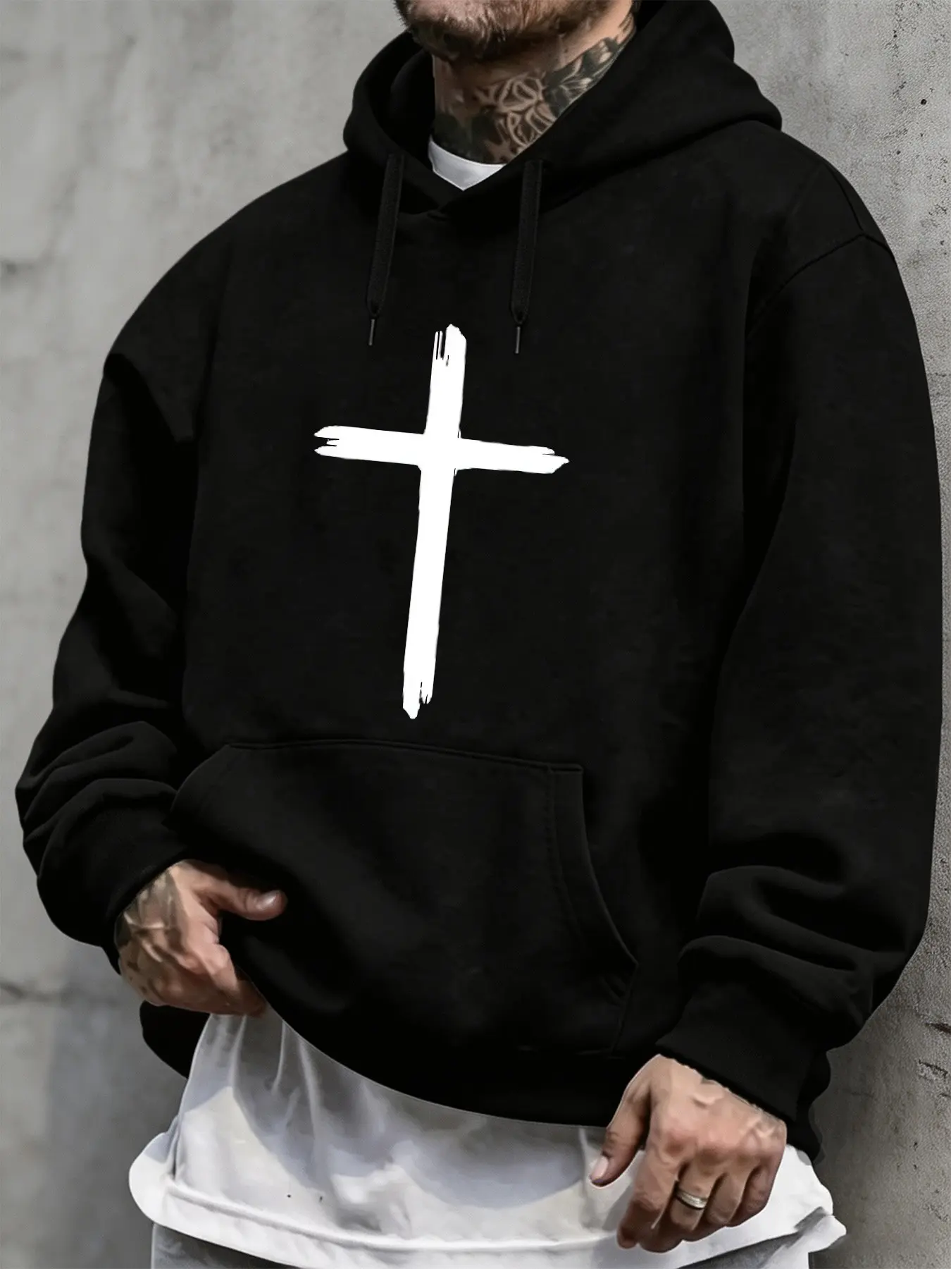 Mcd Oversized Fleece Pullover Hoodie Unisex, Christian Cross Print Sweatshirt, Casual Streetwear for Fall & Winter, Daily Wear