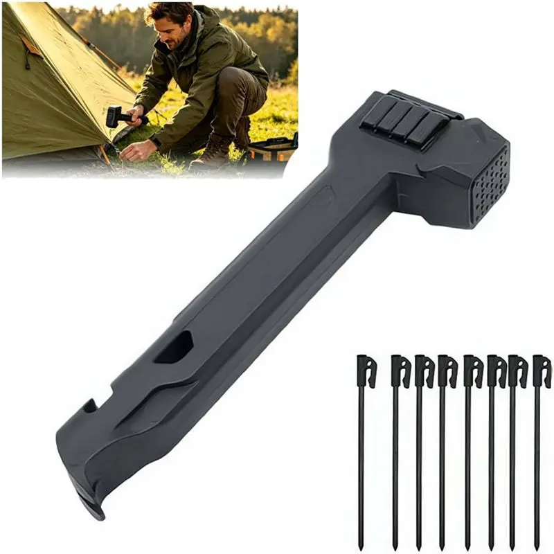Camping Hammer with 8 Pegs, Tent Stake Driver, Puller & Bottle Opener with Storage Handle, Lightweight Compact Plastic Mallet for Outdoor Hiking Camping Backpacking
