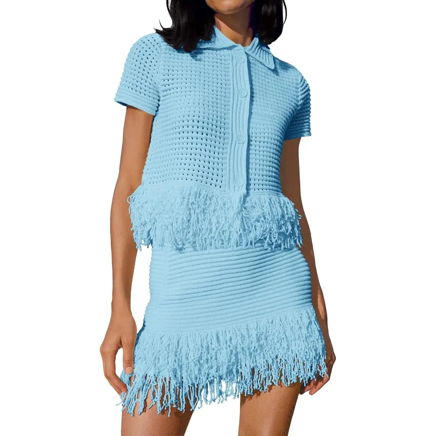 Women's 2-Piece Casual Crochet Short-Sleeve Button Knit Sweater Top & Fringe Skirt Set, Comfortable Fabric, Beach Vacation Outfit