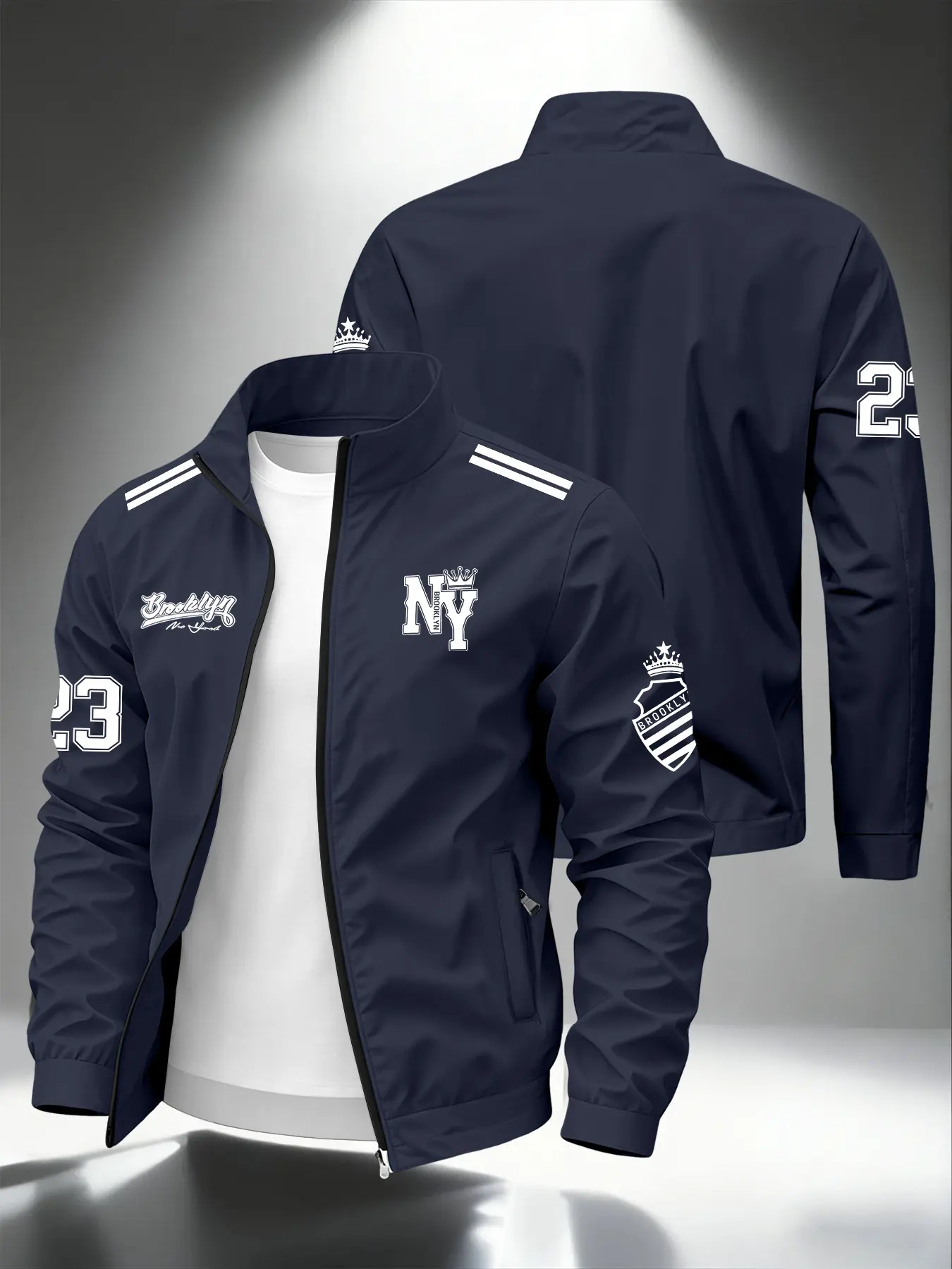 American Vintage Ny Crown 23 Number Brooklyn Handwritten Letter Stand Collar Zipper Jacket, Smooth Windproof Fabric, Men's Spring Fall Casual Outerwear