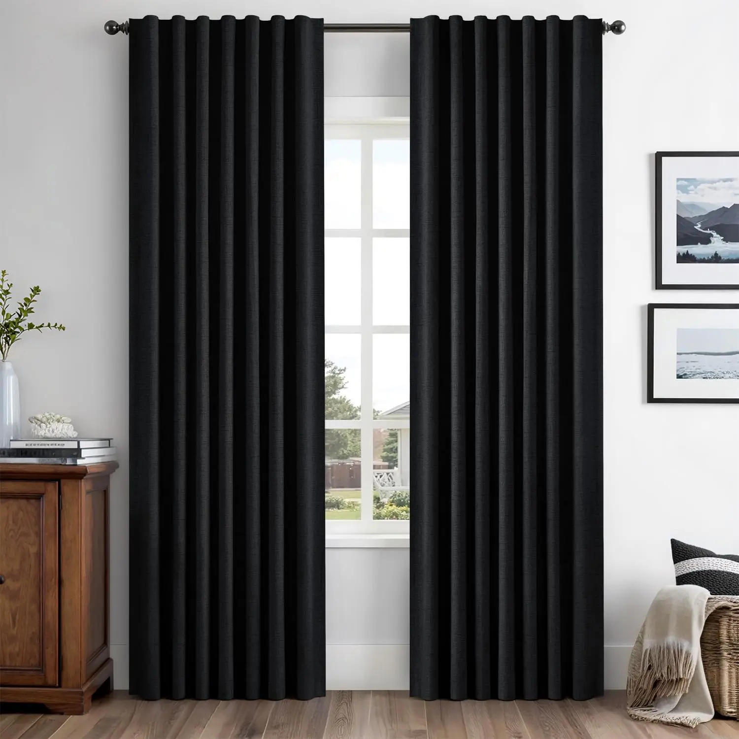 100% Blackout Polyester Curtains, 42x63 Inch Black 2-Panel Set with Back Tab Rod Pleats, Thermal Drapes for Bedroom & Living Room Luxury Decor