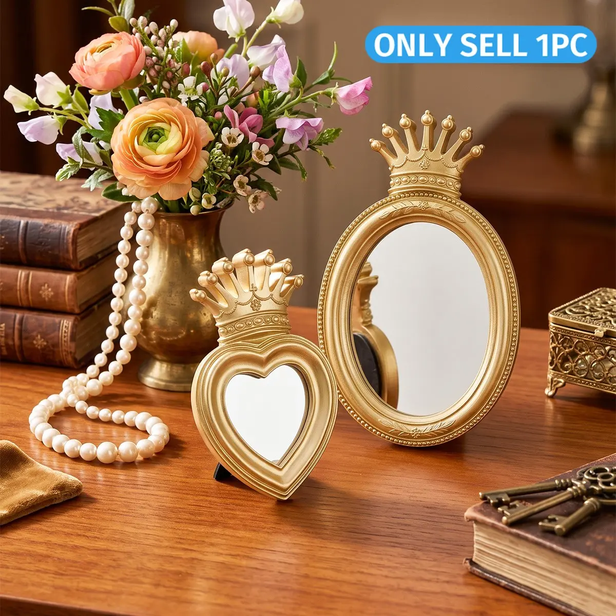 French Crown Desktop Makeup Mirror, Decorative Makeup Mirror, Luxury Resin Heart Shape Carved Mirror, Heart Shaped Mirror, Perfect for Dressing Table, Bathroom Decor, Gift for Women