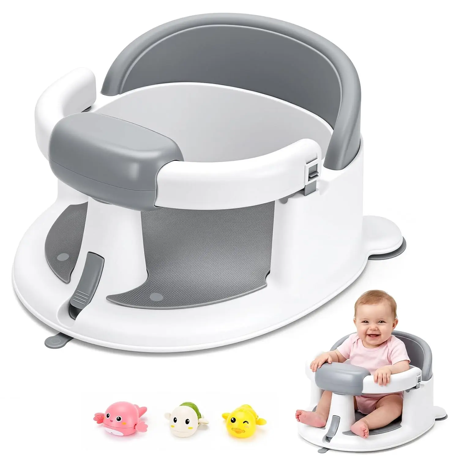 Non-Slip Ergonomic BPA-Free Baby Bath Seat for 6+ Months Infants & Toddlers, Bath Chair with Suction Cups & Easy-Release Pull Tab for Sitting Up, Gray