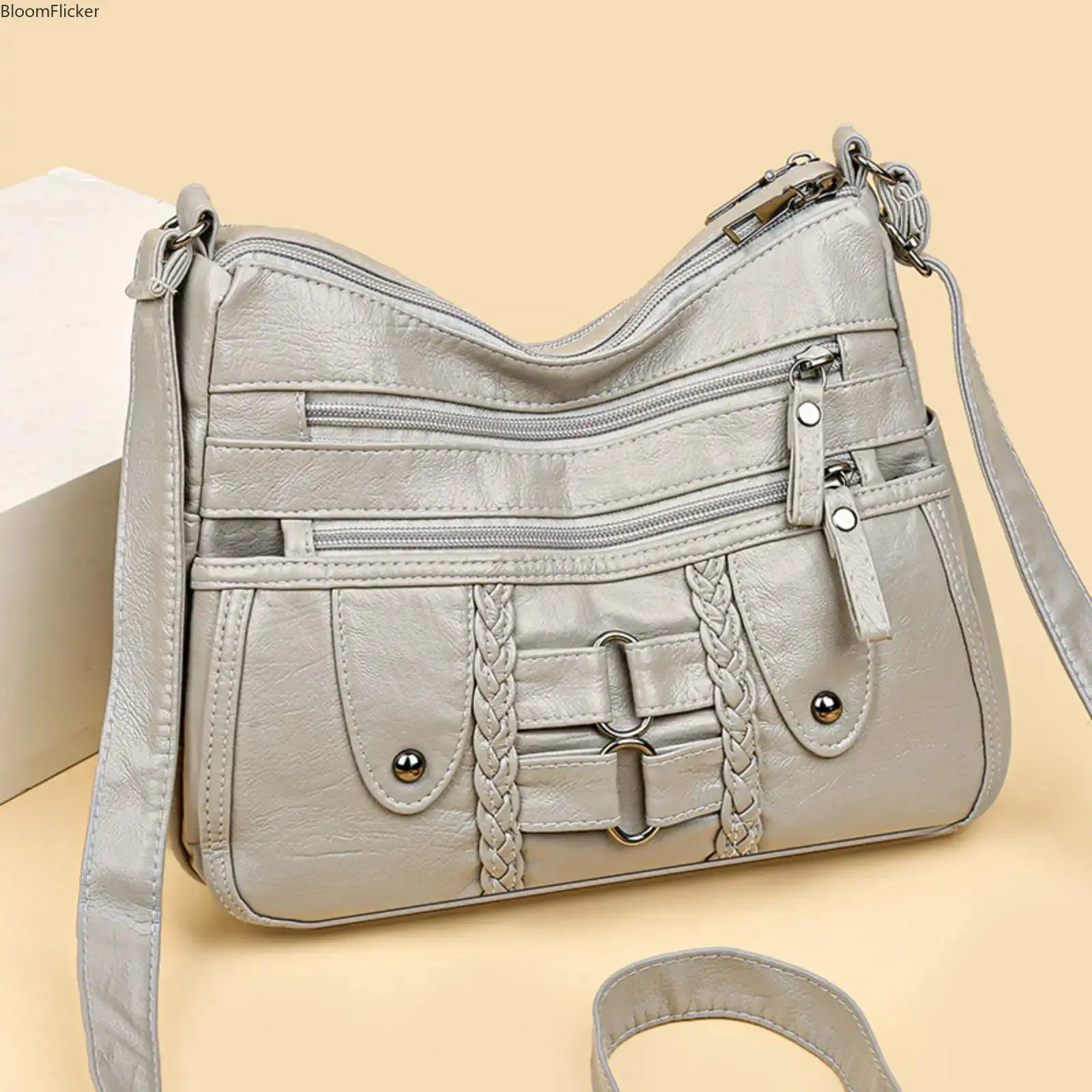 Korean Washed Leather Tote Bag for Women, Large Capacity Multi-pocket Hand & Crossbody Purse. Lightweight structured casual shoulder bag with layered compartments for daily shopping, commuting and short weekend outings.