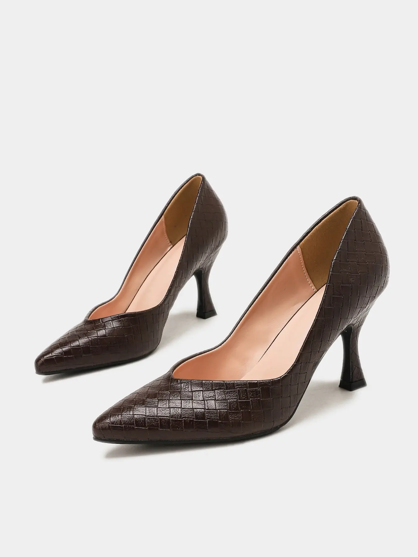 Women's Grid Embossed Faux Leather Pointed Toe Pumps, Flared Spool Stiletto Heeled High Heels, 3.15 Inch (8cm), Comfort Non-slip Stylish Classy Elegant Vintage Heels for All Season Office Wedding Party Daily Wear, Stiletto Shoes, EU Size 35-42