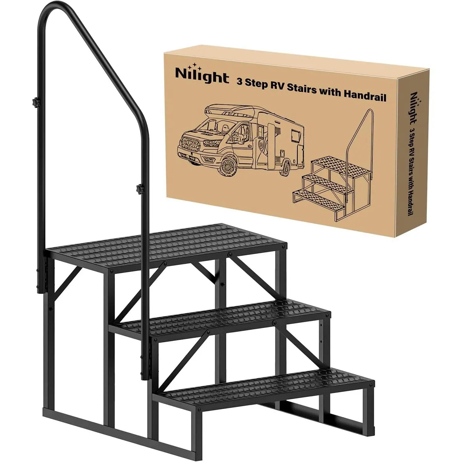 Nilight 3-Step Portable RV Stairs with Anti-Slip Handrail, Outdoor Hot Tub/Dock Entry Stairs for Camper Travel Trailers, 5th Wheel RV Porch & Mobile Motor Home Use, Three Steps