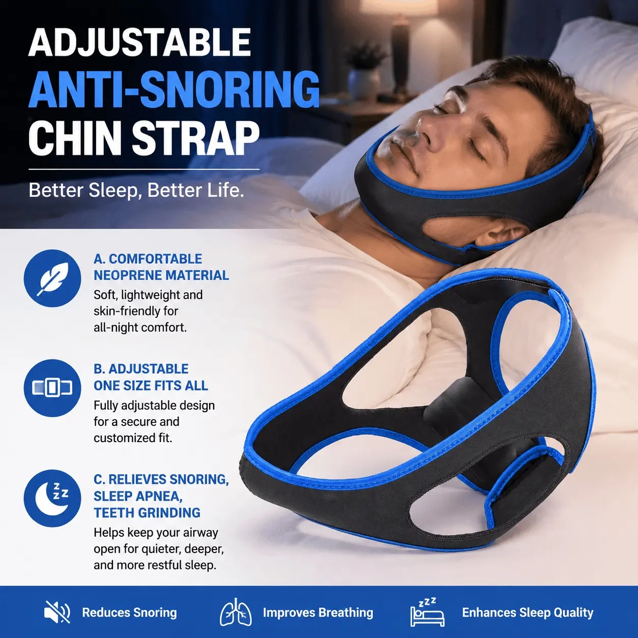 Non-Slip Breathable Anti-Snore Chin Strap, Side Sleeping Snore Stopper, Washable Detachable Snore Guard, Unisex Breathing Aid, 2-Pack