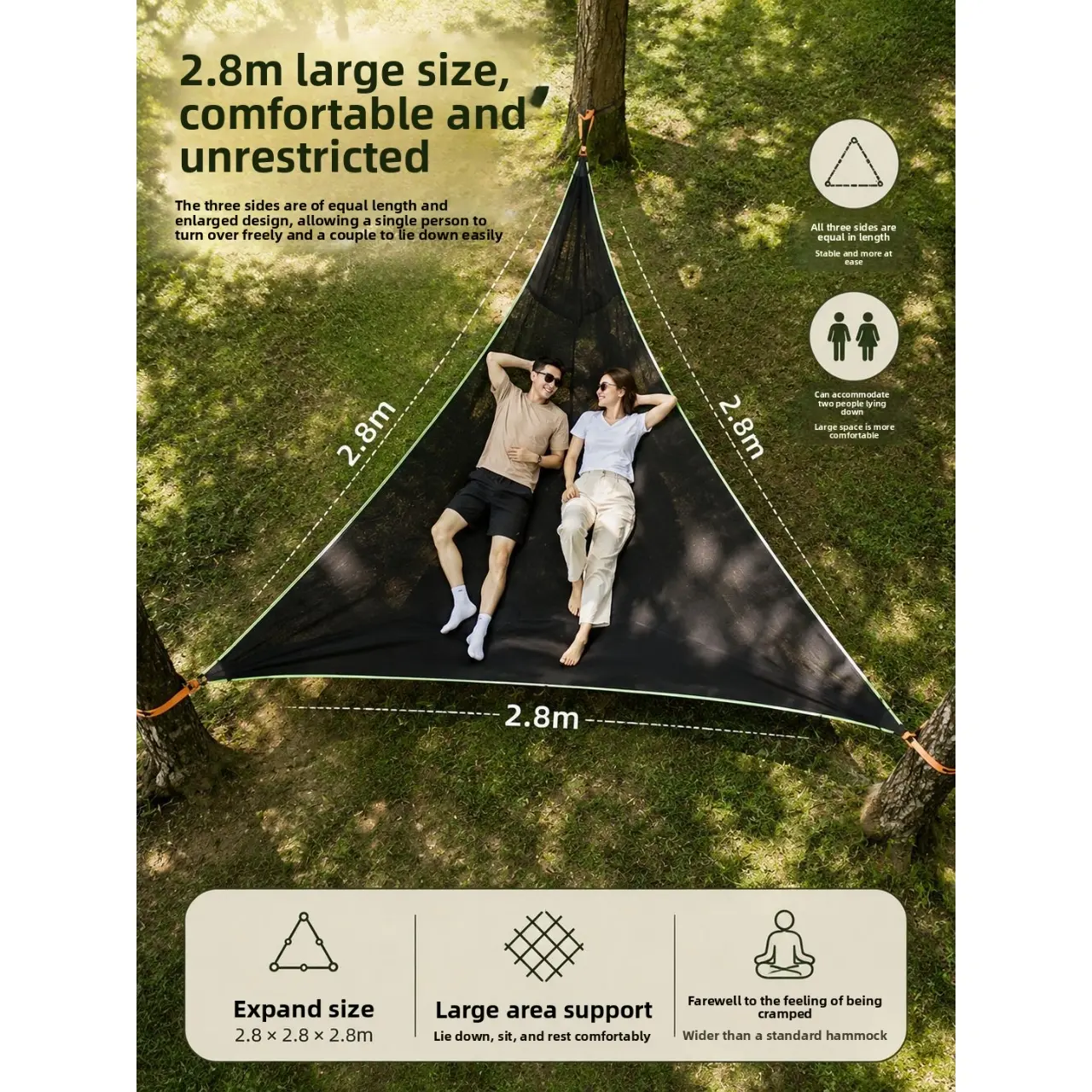 Outdoor Triangle Hammock, Anti-Side Flip Hammock, Leisure Hammock with Storage Bag, 2.8x2.8x2.8m, Perfect for Relaxing Outdoors, Camping Hammock