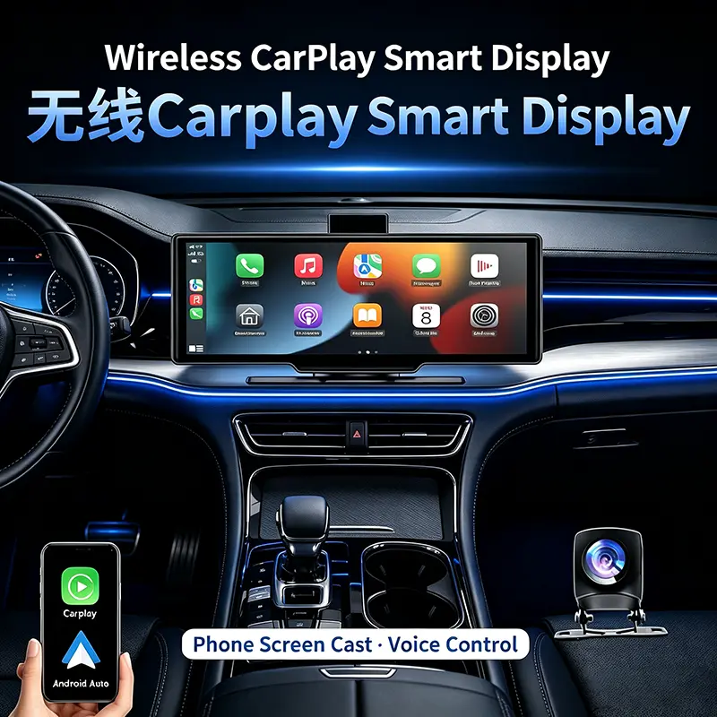 10.26" Wireless CarPlay Touch Screen with Dual 1080P HD Cameras - Portable Android Auto Car Display, Wireless Sync, Voice Control, Phone Mirroring for All Cars, Wide View Driving Safety, Ios, Bluetooth