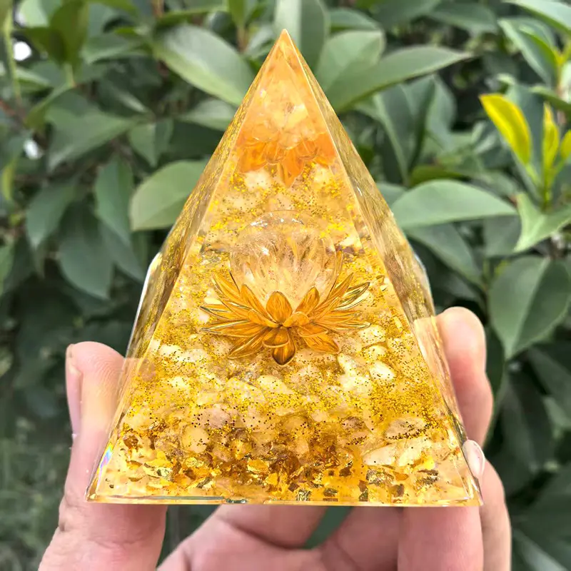 Handmade Epoxy Golden Citrine Resin Orgonite Pyramid - High-Energy Healing Crystal Desk Accessory, Desk Setup Aesthetic Wealth Luck Ornament, Indoor Recreation Meditation Gift
