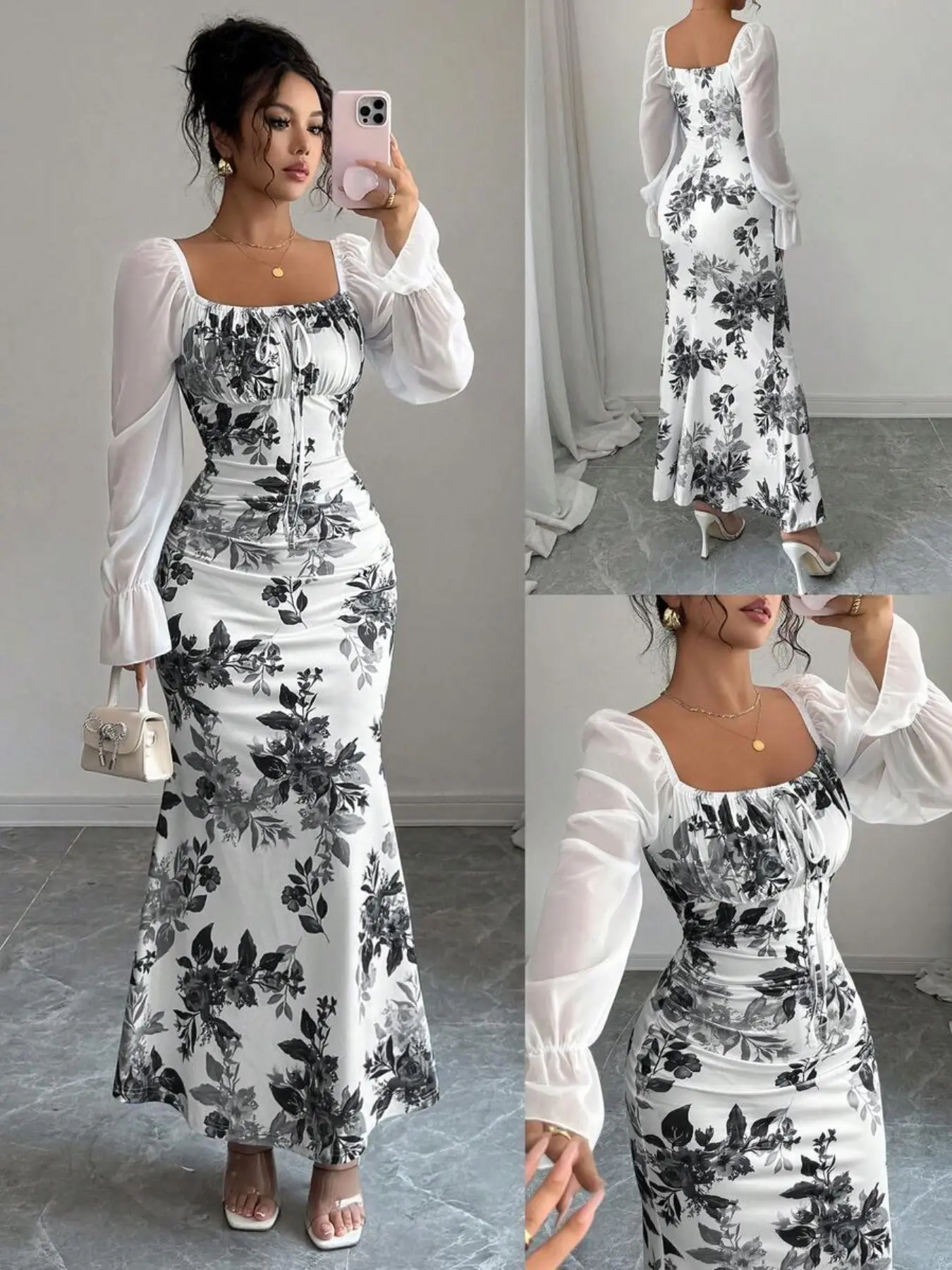 New Women's Square Neck Bow Chiffon Floral Bubble Sleeve Dress, Perfect for Dates, Parties, Daily Wear, Slimming Waist, Elegant Youthful, Spring Summer Fall Long Dress