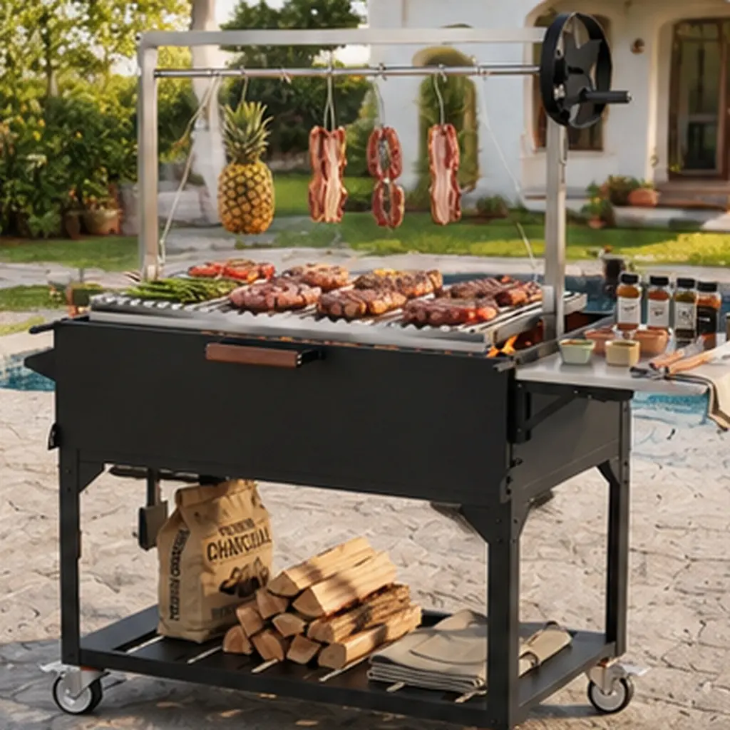 Argentine Santa Maria BBQ Grill, Wood & Charcoal Fired Open Flame Grill with Adjustable Height Stainless Steel V-Grates, Fire Bricks, Side Table & Locking Casters for Backyard Deck Cooking, Meat, Patio, Grilling, Barbecue Grill