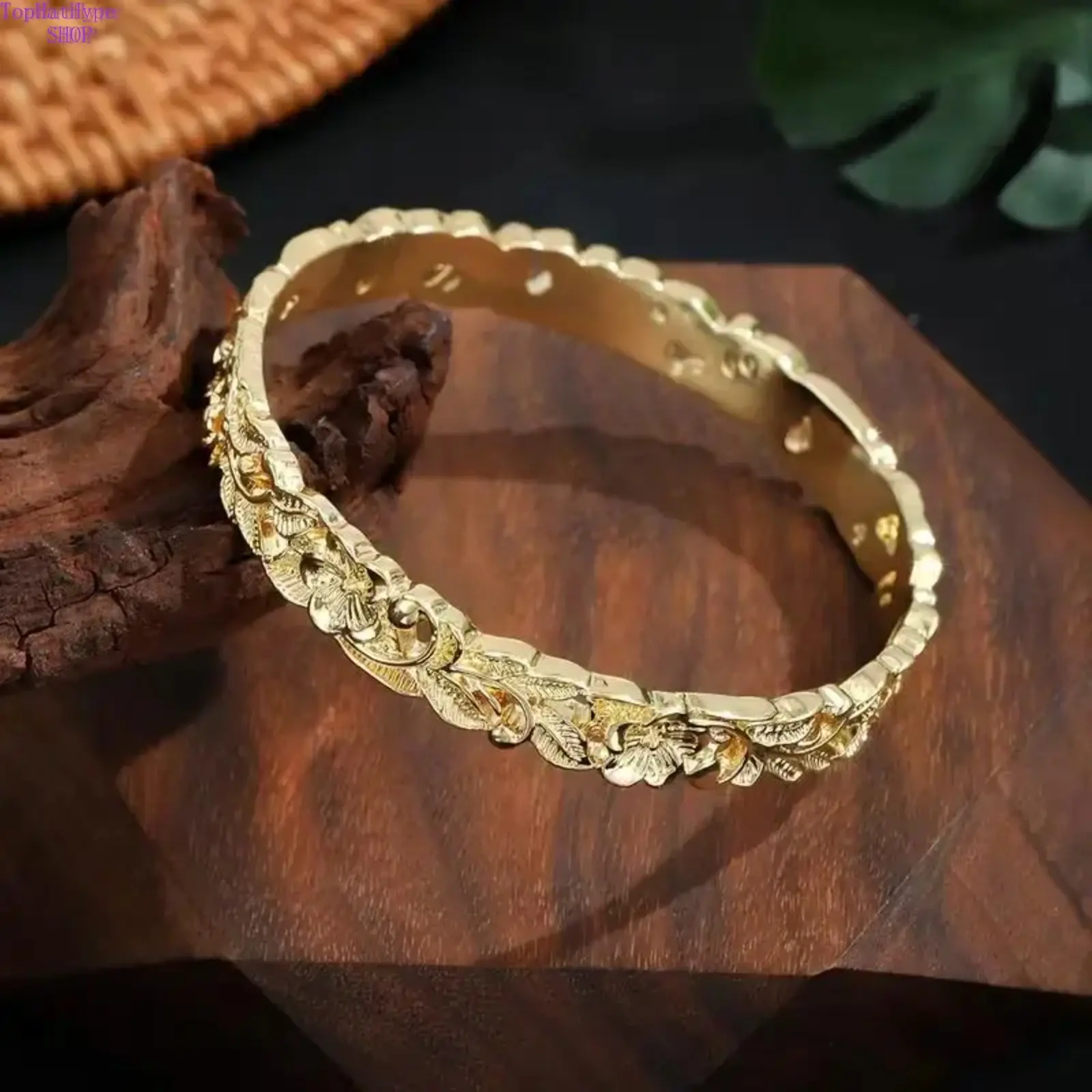Brand 14K Gold Plated Floral Engraved Bangle Bracelet for Women - Vintage Leaf & Flower Embossed Cuff Bangle, Elegant Statement Jewelry Gift for Bridal, Wedding, Anniversary
