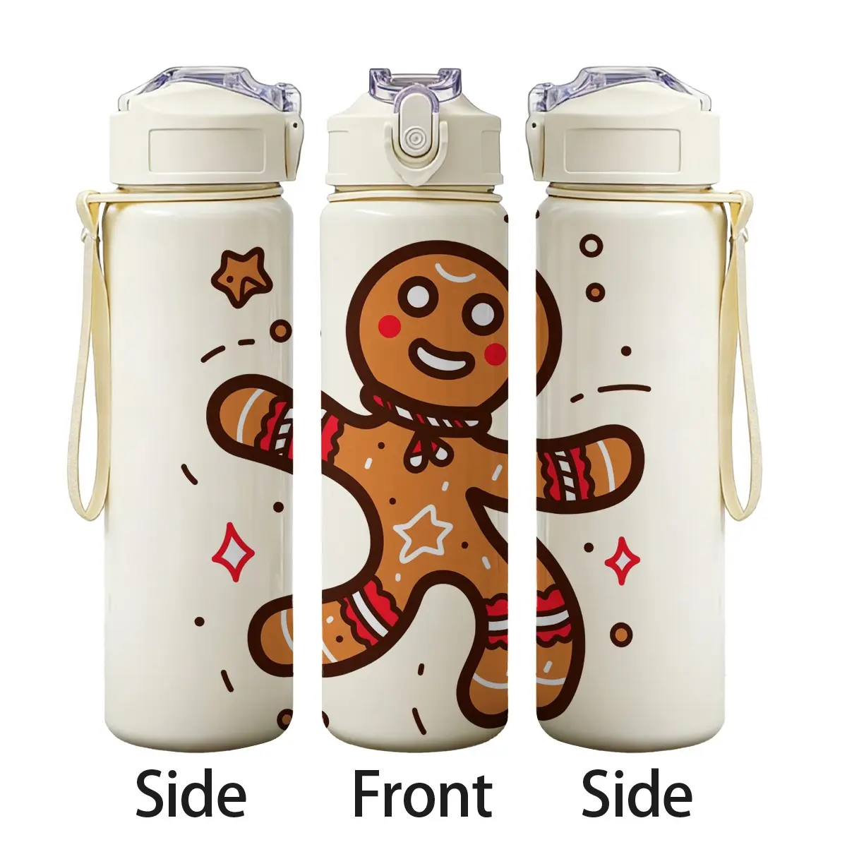 Adorable Gingerbread Man Print Reusable Water Bottle, 25oz Lightweight Plastic, Bounce Lock Lid, Durable, Ideal for School, Office, Camping