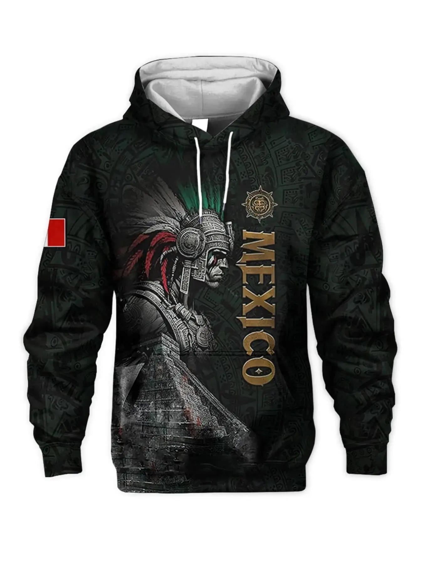 Men's Aztec Warrior Pyramid Full Print Hoodie, Drawstring Pullover Sweatshirt, Mayan Totem Print, Ethnic Streetwear Long Sleeve Top