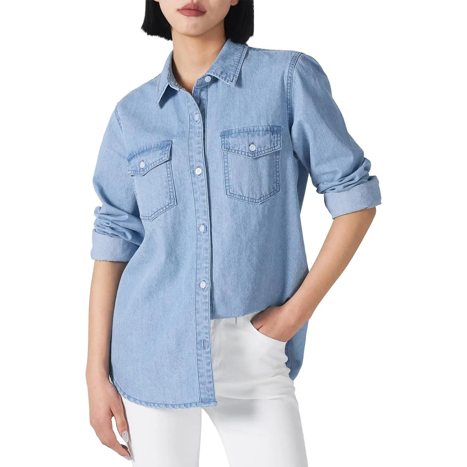 Women's Denim Shirt Button Down Long Sleeve, Blue Jean Lightweight Shacket for Women, Chambray Casual Blouse Top